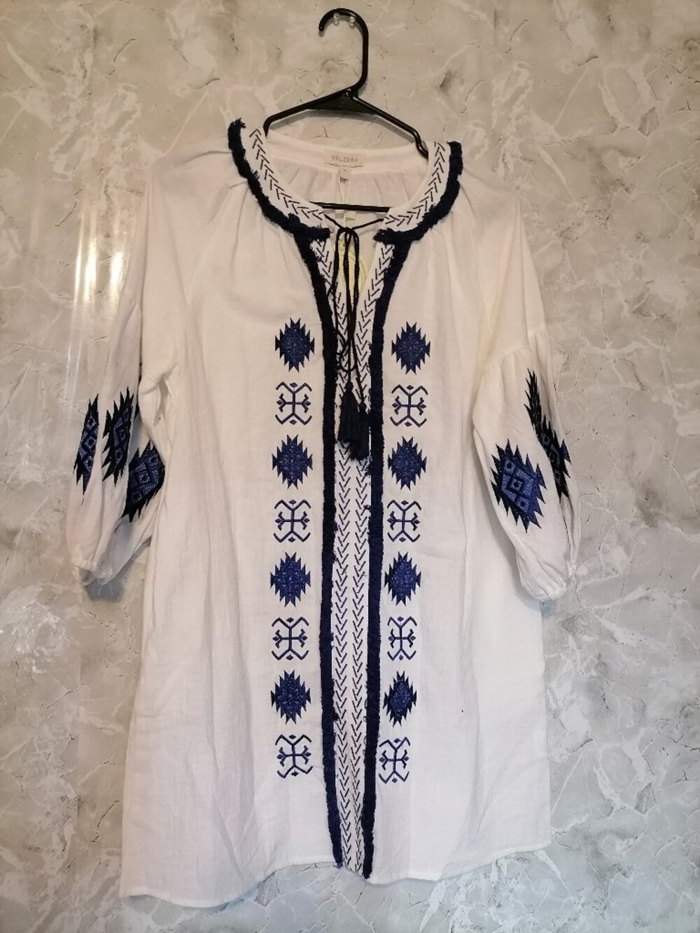 Velzera Embroidered BLUE Peasant Tunic Top Boho Festival Cottagecore Size M